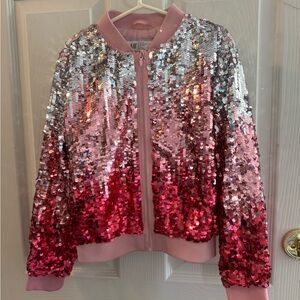 H&M Pink and Silver Sequin Bomber Jacket with matching skirt